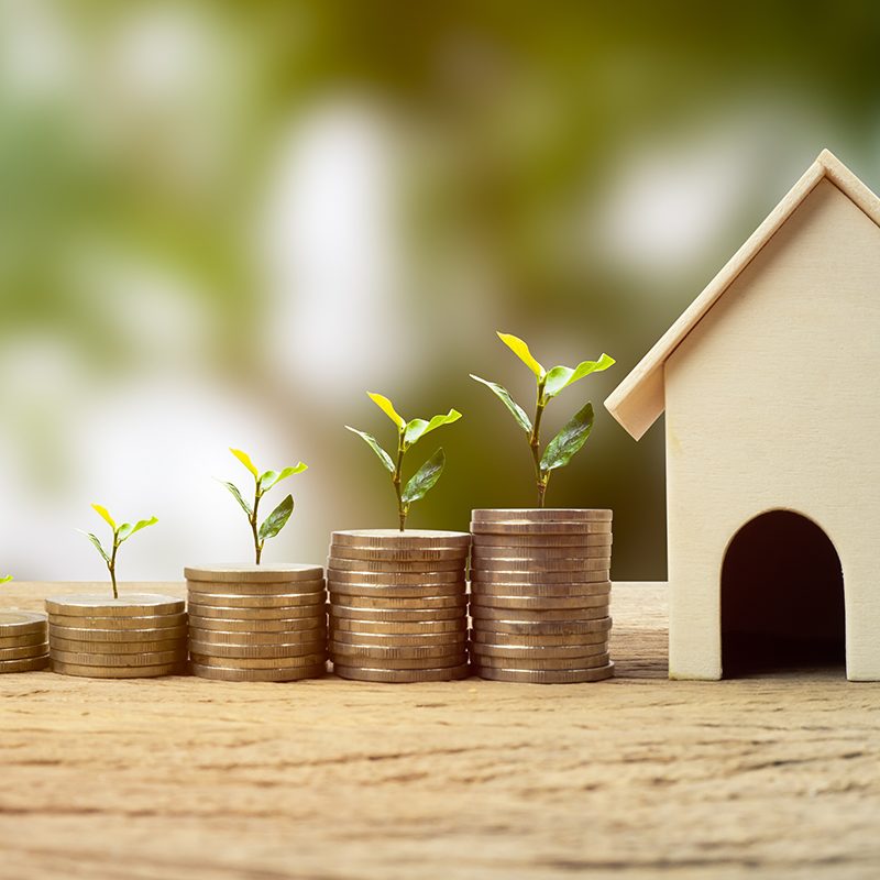 Real estate investment, Money savings for buy new home, Financial wealth management concept. A plant growing on stacked coins with wooden house model. Depicts the growth of the real estate business.